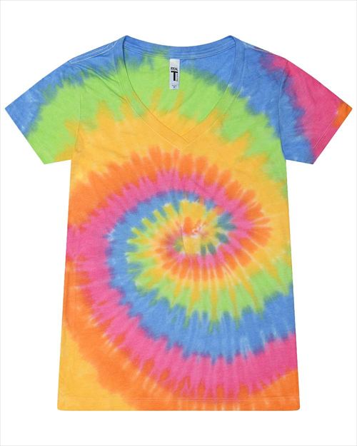 colortone Womens Tie-Dyed V-Neck T-Shirt