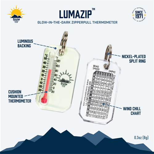 sun company LumaZip Glow-in-the-Dark Zipper Pull Thermometer