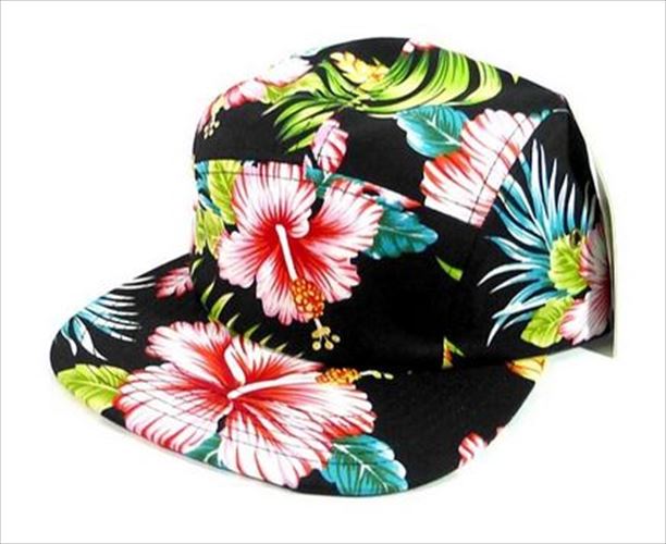 august caps 5 Panel Floral Camp Hats Caps - Black | Hibiscus Flowers