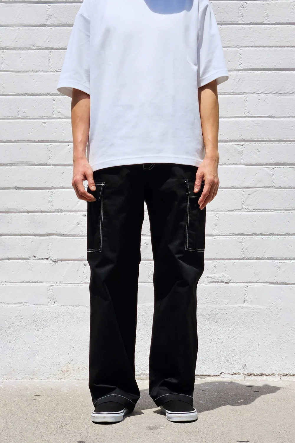 neo blue Baggy Black Twill Cargo Pants (White Stitch)