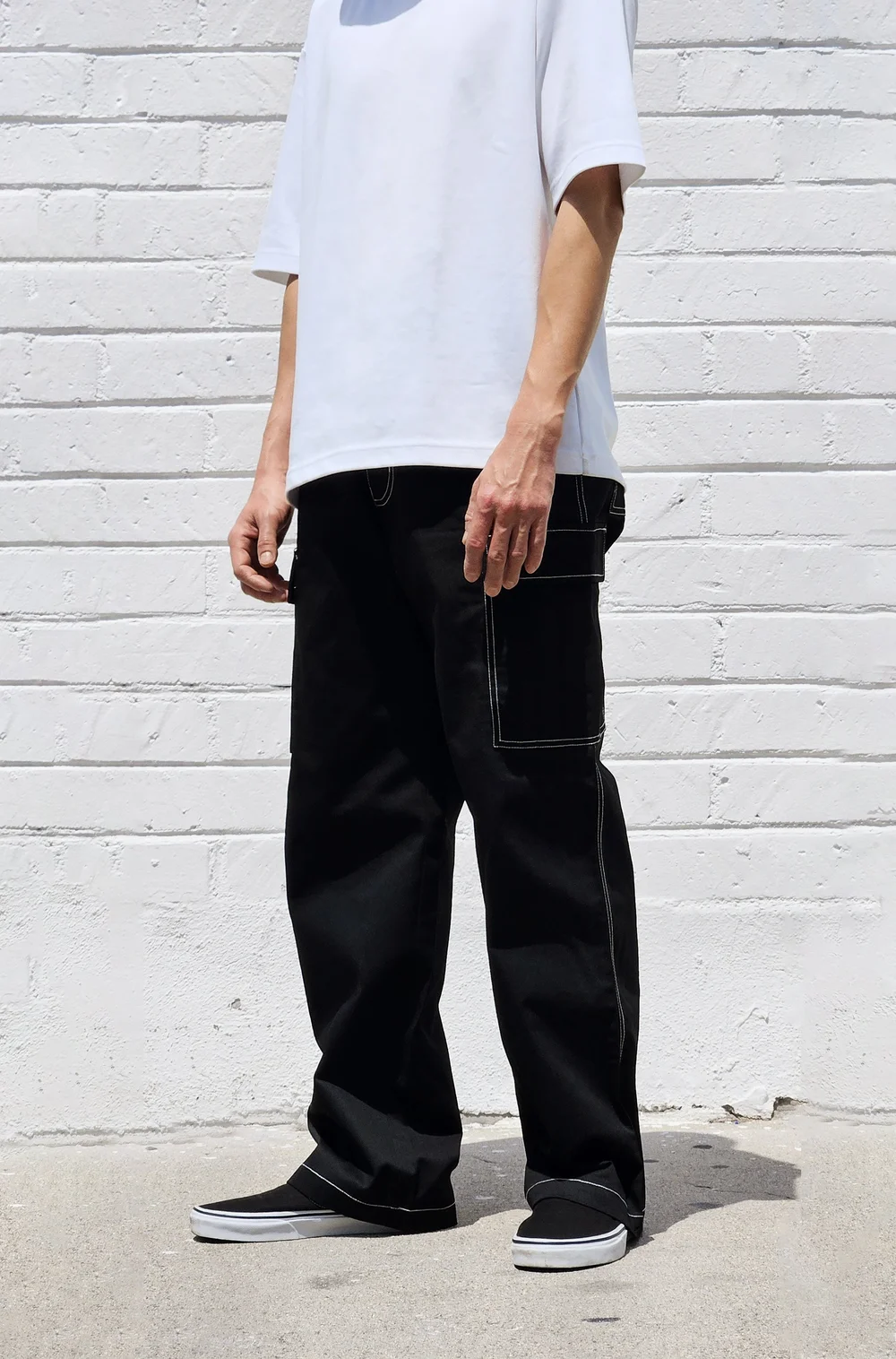 neo blue Baggy Black Twill Cargo Pants (White Stitch)