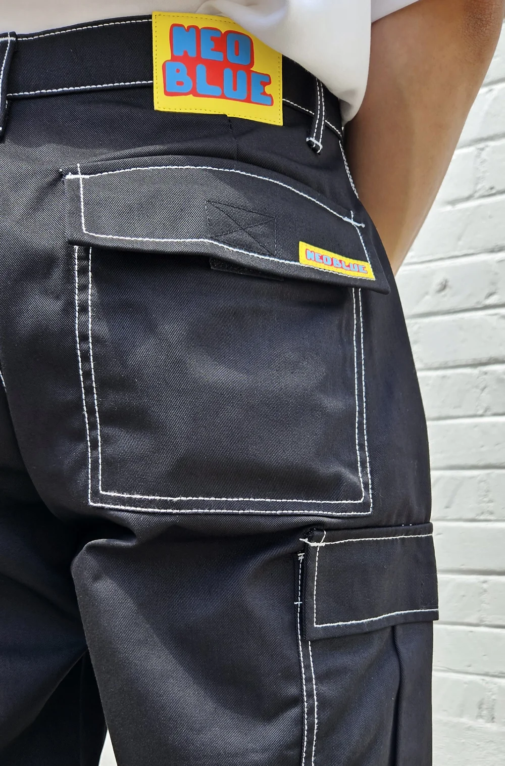 neo blue Baggy Black Twill Cargo Pants (White Stitch)