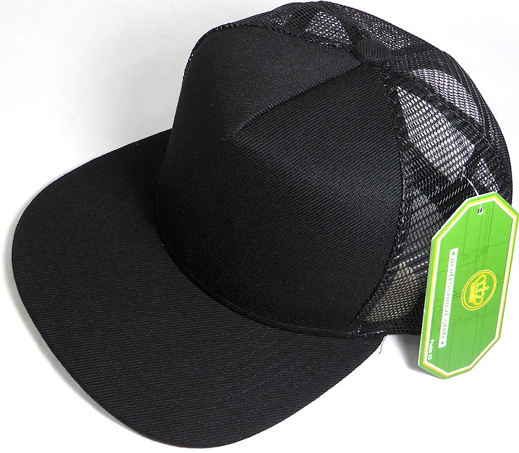 august caps Mesh Trucker 5 Panel Snapback Blank Hats - Solid - Black