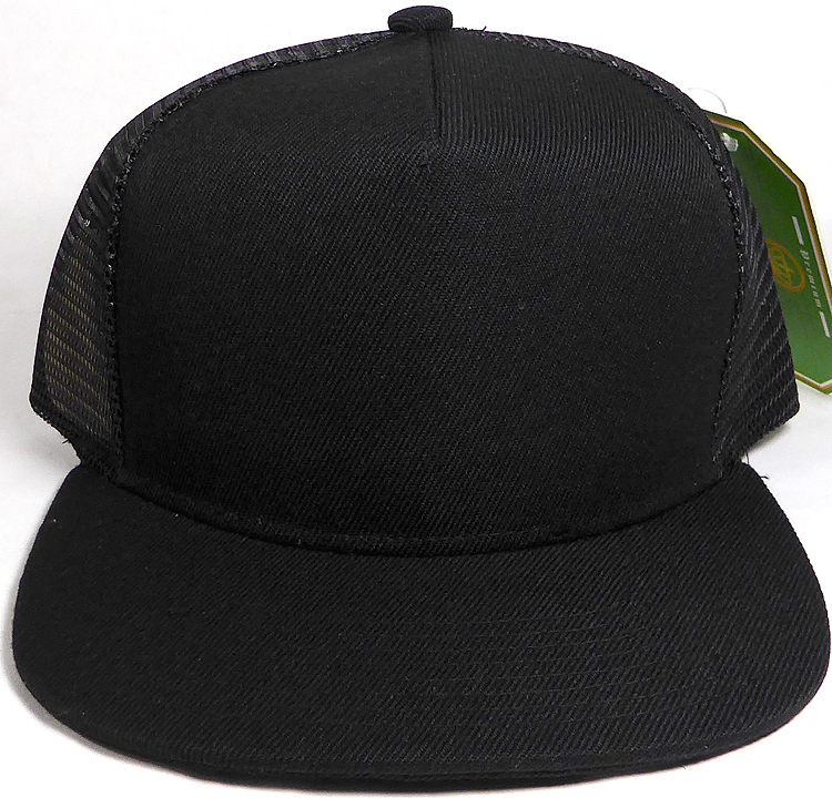 august caps Mesh Trucker 5 Panel Snapback Blank Hats - Solid - Black