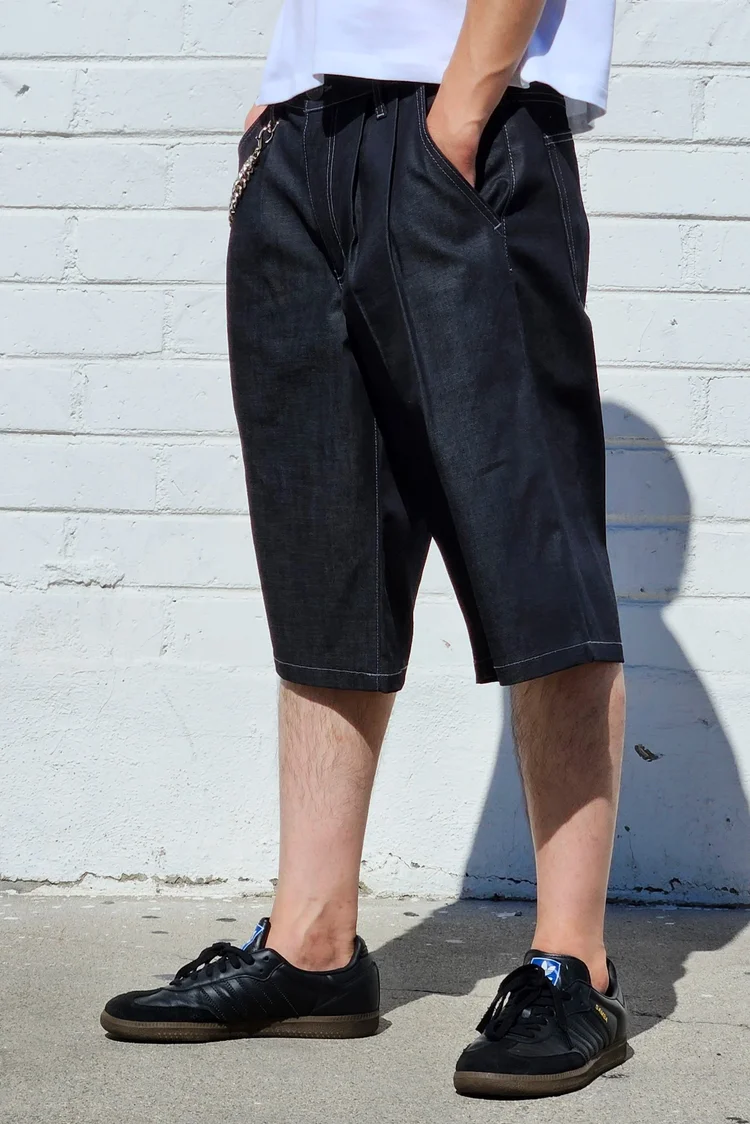 neo blue Shadow Black Baggy Pleated Shorts