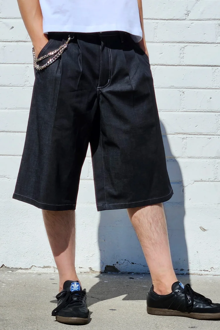 neo blue Shadow Black Baggy Pleated Shorts
